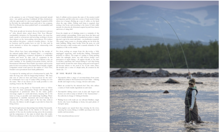 Swedish Lapland: Woman fly fishing under Arctic midnight sun with a fish on the line on river.