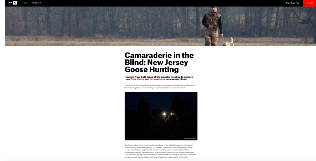 Blog of onX Hunt "Camaraderie in the Blind" about goose hunting in New Jersey; images of men hunting with yellow Labrador dog.