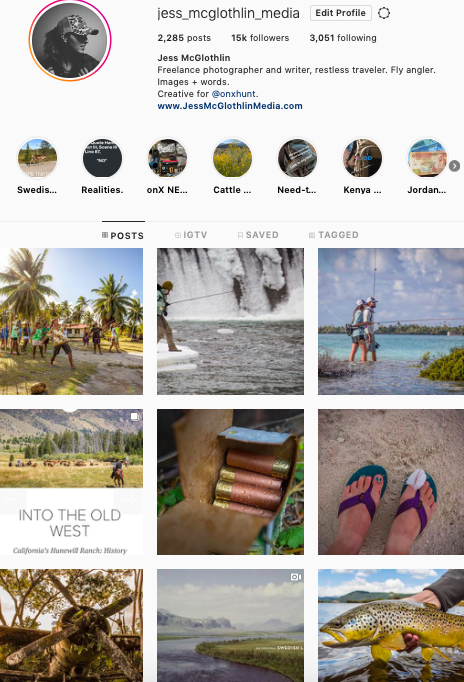 Screenshot of Jess McGlothlin Media's Instagram feed with 15,000 followers for fly fishing and travel content.