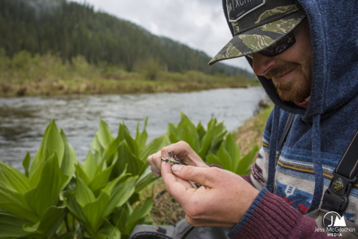 Man rigging flies onto fishing rod while fishing in Idaho in the spring rain.