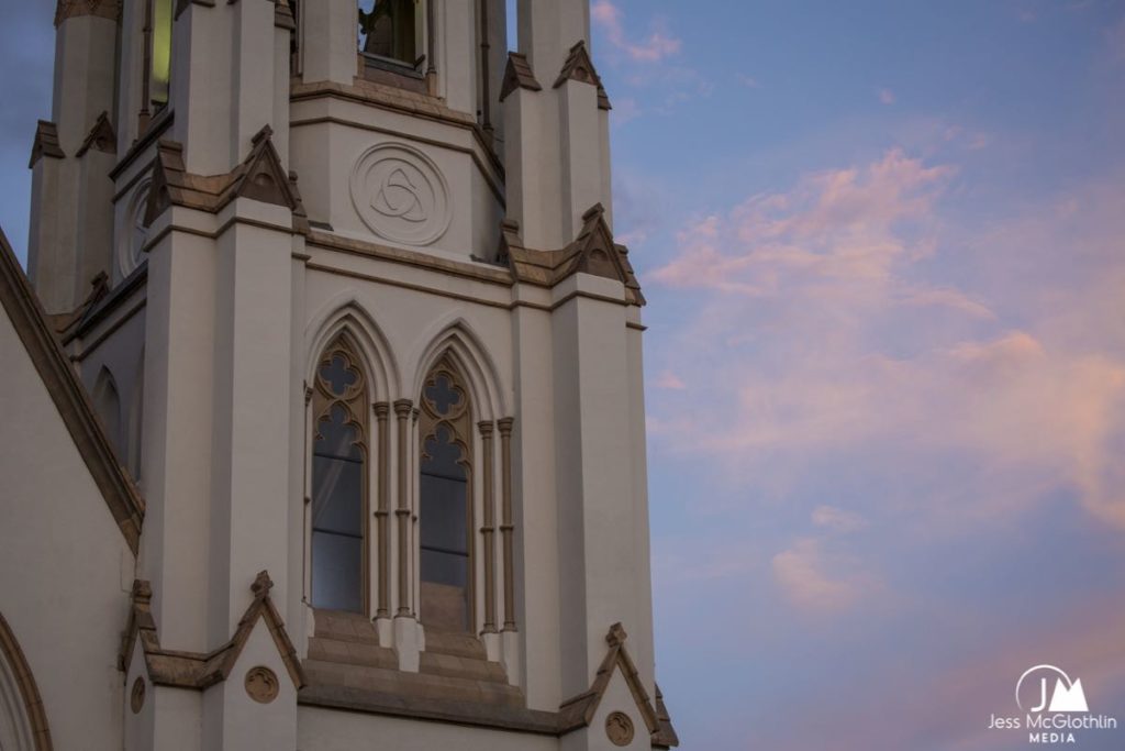 The Church of Saint John the Baptist, Savannah, Georgia, in pink sunset.