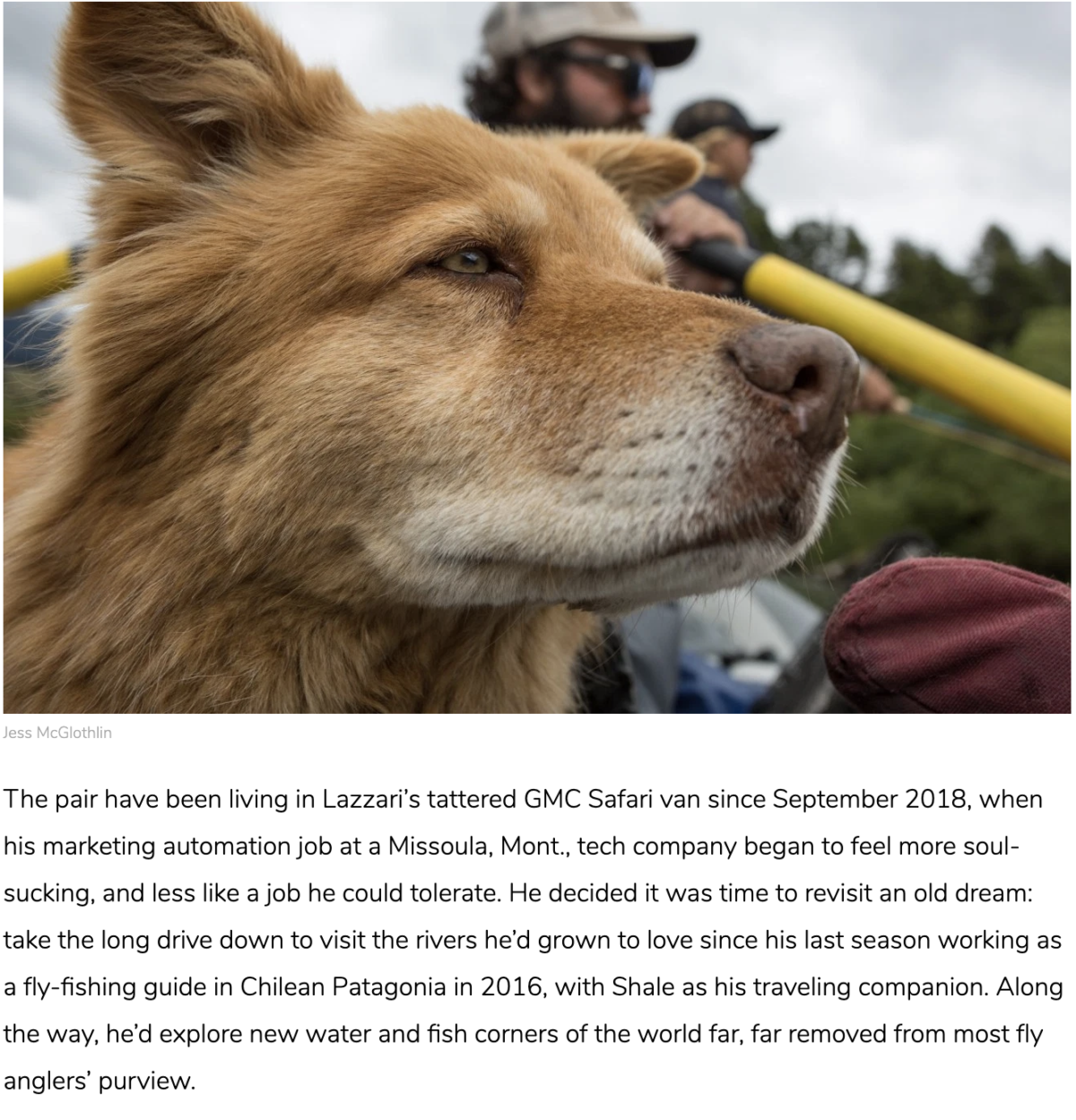 Jess McGlothlin for Men's Journal. Dog with man and woman in raft while fly fishing in Chile.
