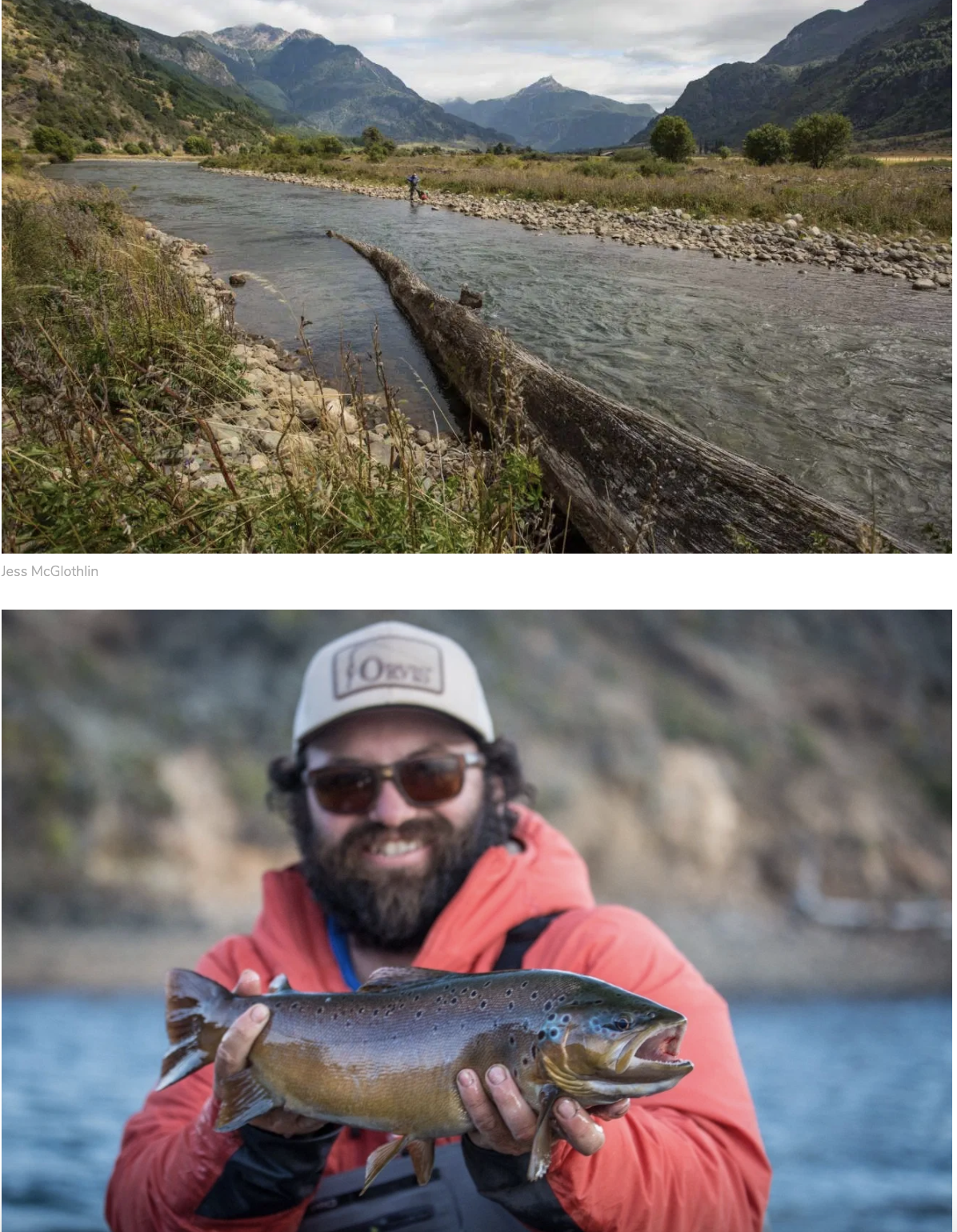 Man fishing a river in Chile and man holding trout caught while fly fishing in Chile.