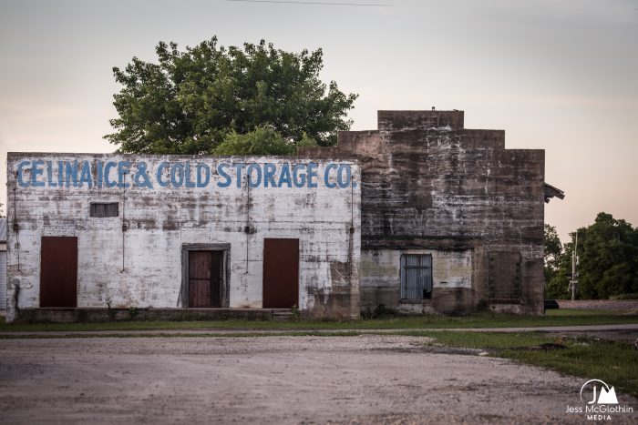 Old ice house and railroad tracks in Celina, Texas.