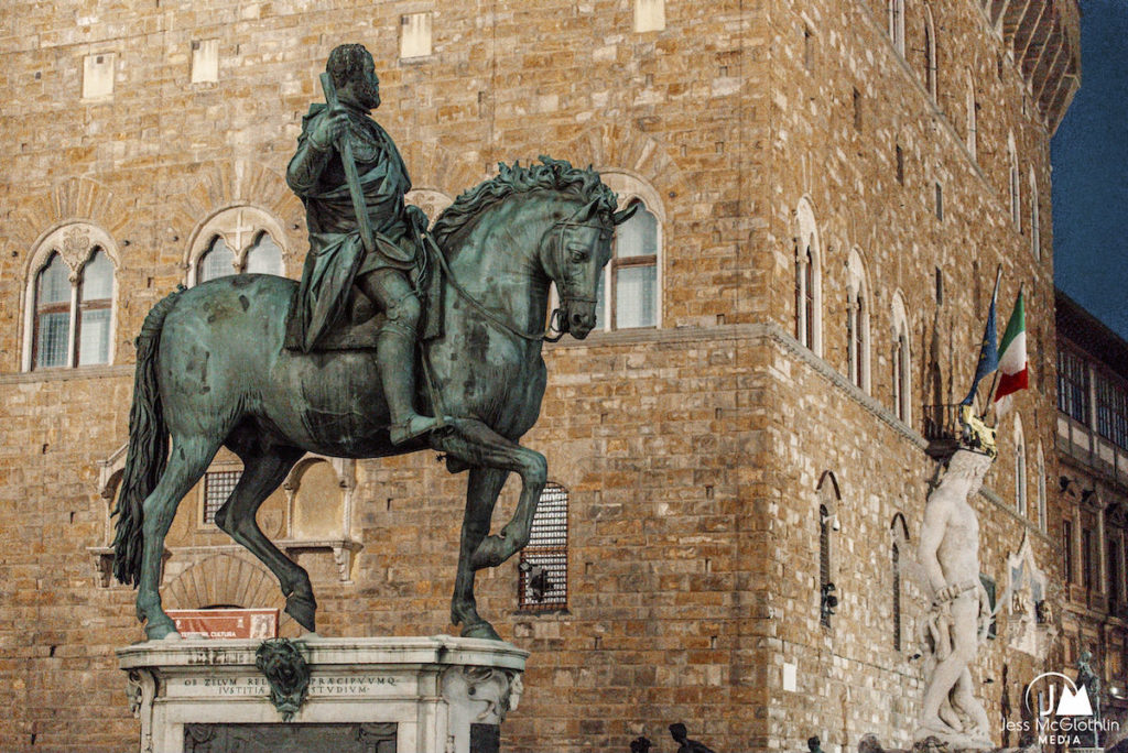 Equestrian statue of Cosimo I in the Piazza della Signoria in Florence, Italy, photographed at night.