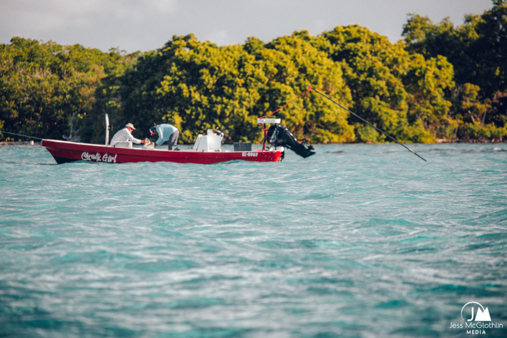 Two men fly fishing in Belize from a panga boat beside a mangrove island.