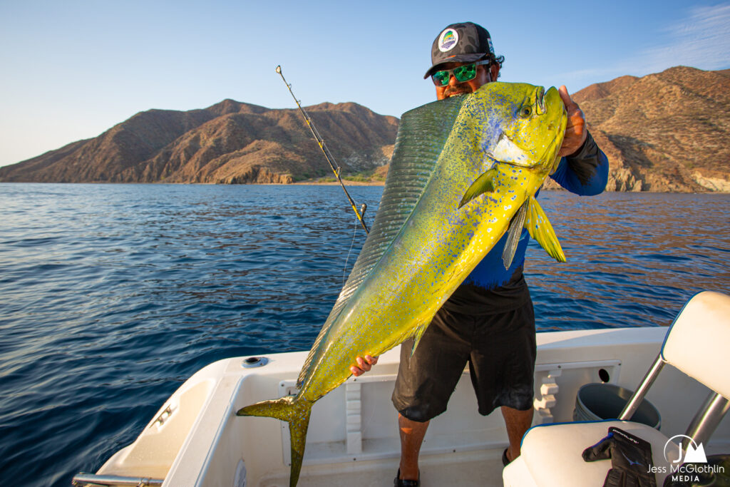 man with Mahi-mahi / dorado caught off off Baja California Sur with fisherman.